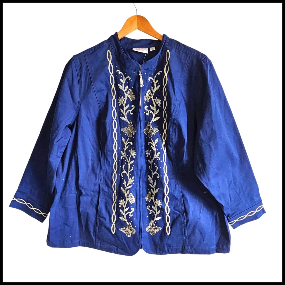 Quacker Factory Embroidered Jacket Floral Butterfly Zip Up Blue 2X NWT‎